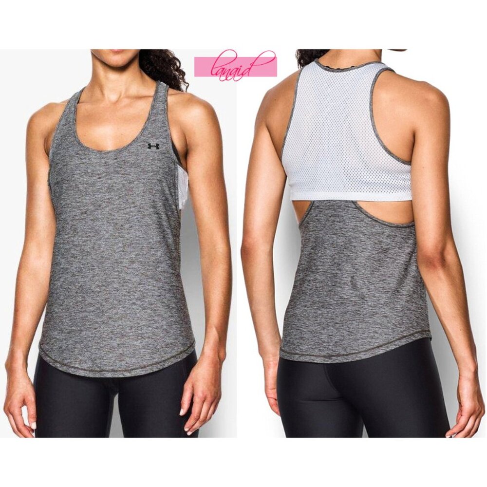 Under Armour Flashy 2-in-1 Tank Carbon Heather Cut-Outs Cutouts Mesh Layered Top